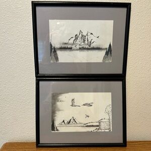 Vintage Black Framed Mountain Sketch Art Set
